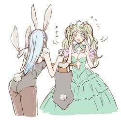 Rule 34 | 10s, 2girls, ahoge, animal ears, black legwear, blue hair, rabbit ears, rabbit tail, clothes hanger, crystal, de la fille, dress, embarrassed, fake animal ears, flying sweatdrops, gb hm, granblue fantasy, green dress, green eyes, green hair, hair ornament, hands up, holding, holding clothes, leaning forward, leotard, long hair, lowres, multiple girls, pantyhose, playboy bunny, shaking head, tail, therese (granblue fantasy), twintails