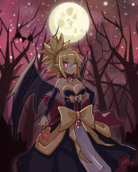 Rule 34 | 1girl, back bow, bare shoulders, bat (animal), black dress, black wings, blonde hair, bow, breasts, bright pupils, brooch, choker, cleavage, closed mouth, demon wings, disgaea, dress, earrings, full moon, gun, hand on own hip, high ponytail, highres, holding, holding gun, holding weapon, jewelry, large breasts, looking at viewer, makai senki disgaea 2, moon, outdoors, pink eyes, pointy ears, red background, red bow, red choker, ribbon choker, rozalin, short hair, smile, solo, spiked hair, suaman, waist bow, weapon, wings, yellow bow