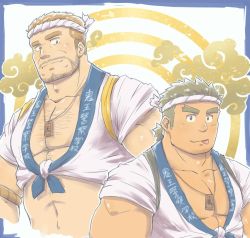 Rule 34 | 2boys, :p, aether deity (housamo), bara, bare pectorals, blonde hair, brown eyes, character request, cropped torso, dark-skinned male, dark skin, facial hair, festival, forked eyebrows, hachimaki, halo, halo behind head, happi, headband, infernal deity (housamo), jacket, japanese clothes, jewelry, large pectorals, light brown hair, looking at viewer, male focus, multiple boys, muscular, necklace, open clothes, open jacket, pectoral cleavage, pectoral focus, pectorals, short hair, sideburns, sleeves rolled up, stomach, stubble, tenjin (tokyo houkago simmoners), tokyo houkago summoners, tongue, tongue out, upper body, yanutorie