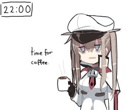 Rule 34 | 10s, 1girl, bags under eyes, black gloves, blue eyes, bow, bowtie, brown hair, capelet, coffee, coffee mug, cup, english text, gloves, graf zeppelin (kancolle), hat, holding, holding cup, jitome, kantai collection, melonenbrot, military, military uniform, mug, naval uniform, peaked cap, sidelocks, simple background, sleepy, solo, steam, timestamp, twintails, uniform, white background