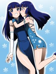 Rule 34 | 10s, 2girls, aoki reika, blue eyes, blue hair, blush, china dress, chinese clothes, dress, dual persona, hair ornament, hairclip, highres, long hair, multiple girls, no panties, open mouth, precure, side slit, smile, smile precure!, snowflakes, takaya n