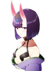 Rule 34 | 1girl, bare shoulders, bob cut, collarbone, fate/grand order, fate (series), horns, japanese clothes, jewelry, kimono, off shoulder, oni, purple hair, shiromako, short hair, shuten douji (fate), simple background, skin-covered horns, solo, thick eyebrows, upper body, white background