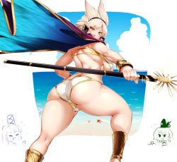 Rule 34 | 3girls, arched back, ass, bare back, beach, blonde hair, breasts, brown eyes, cape, day, gold trim, headphones, long hair, looking at viewer, looking back, multiple girls, ocean, sekiyu (spartan), solo focus, staff, thick thighs, thighs, touhou, toyosatomimi no miko, underboob