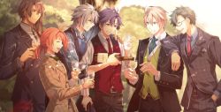 Rule 34 | 6+boys, alcohol, arm on another&#039;s shoulder, ascot, belt, belt buckle, black hair, black suit, blonde hair, blue eyes, bottle, bow, bowtie, brown hair, buckle, chain, champagne, closed eyes, closed mouth, crow armbrust, cup, drinking glass, earrings, eiyuu densetsu, elliot craig, falcom, formal, frown, gaius worzel, glasses, green hair, green vest, grin, hand on shoulder, highres, jewelry, jusis albarea, looking to the side, machias regnitz, male focus, multiple boys, necktie, open mouth, orange hair, outdoors, ponytail, purple eyes, rean schwarzer, red vest, sen no kiseki, short hair, smile, spiked hair, spoilers, striped suit, suit, teeth, tree, vest, white hair