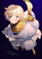 Rule 34 | 1boy, baggy clothes, blonde hair, blue eyes, blush, bright pupils, fate/grand order, fate/requiem, fate (series), floating, full body, glowing, highres, looking at viewer, majamari, male focus, md5 mismatch, open mouth, parted bangs, resolution mismatch, scarf, shooting star, short sleeves, sky, smile, solo, source larger, space, star (sky), star (symbol), starry background, starry sky, voyager (fate), voyager (first ascension) (fate), yellow scarf