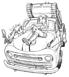 Rule 34 | 10s, 2girls, anchovy (girls und panzer), boots, girls und panzer, greyscale, hair tie, kadotani anzu, knee boots, military, military vehicle, monochrome, motor vehicle, multiple girls, on vehicle, open mouth, pickup truck, sitting, tank, tomoyoshi ohta, toyota, truck, twintails