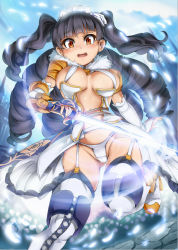 Rule 34 | 1girl, bikini, black hair, boots, breasts, bridal gauntlets, brown eyes, drill hair, garter straps, glowing, glowing sword, glowing weapon, hair ornament, kaku-san-sei million arthur, knee boots, large breasts, long hair, looking at viewer, magukappu, million arthur (series), one-piece swimsuit, open mouth, original, panties, showgirl skirt, solo, swimsuit, sword, tears, thighhighs, two side up, underwear, very long hair, weapon, white bikini, white one-piece swimsuit, white panties, white thighhighs
