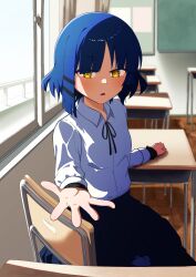 Rule 34 | 1girl, absurdres, blue hair, blush, bocchi the rock!, chair, chalkboard, classroom, commentary, desk, english commentary, fukaikiri, hair ornament, hairclip, highres, indoors, looking at viewer, outstretched hand, parted lips, school chair, school desk, shirt, short hair, sitting, solo, upper body, white shirt, window, yamada ryo, yellow eyes