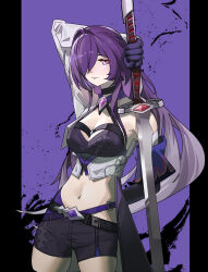 Rule 34 | 1girl, absurdres, acheron (honkai: star rail), arm up, black choker, black shorts, breasts, choker, cleavage, coat, commentary request, cowboy shot, crop top, gloves, gradient hair, grey hair, hair over one eye, halterneck, highres, holding, holding sword, holding weapon, honkai: star rail, honkai (series), katana, long hair, looking at viewer, medium breasts, midriff, multicolored hair, navel, pillarboxed, purple background, purple eyes, purple gloves, purple hair, short shorts, shorts, single bare shoulder, single sleeve, solo, standing, stomach, sword, very long hair, weapon, white coat, yy yang