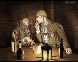 Rule 34 | 2boys, arm hair, black hair, blonde hair, bottle, chest belt, cigarette, cigarette kiss, closed eyes, collared shirt, cup, dark-skinned male, dark skin, drinking glass, erwin smith, facial hair, from side, goatee, holding, holding cigarette, indoors, jacket, jewelry, lamp, long sideburns, male focus, mataichi (976134), multiple boys, necklace, nile dok, paradis military uniform, shingeki no kyojin, shirt, short hair, sideburns, smoke, smoking, stubble, table, upper body, wine bottle, wine glass