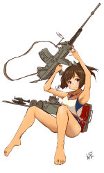 Rule 34 | 1girl, absurdres, aircraft, armpits, arms up, barefoot, blouse, blue one-piece swimsuit, blush, breasts, brown hair, commentary, full body, gun sling, hair ornament, hairclip, highres, holding, i-401 (kancolle), kantai collection, neve (morris-minicooper), one-piece swimsuit, ponytail, rigging, sailor collar, school swimsuit, shirt, side-tie shirt, signature, simple background, sleeveless, sleeveless shirt, smile, solo, swimsuit, swimsuit under clothes, tan, white background, white shirt