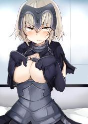 Rule 34 | 1girl, armor, bed sheet, black gloves, blonde hair, blush, breasts, chain, cleavage, elbow gloves, fate/grand order, fate (series), gloves, headpiece, highres, jeanne d&#039;arc (fate), jeanne d&#039;arc alter (avenger) (fate), jeanne d&#039;arc alter (fate), jirou (tamaho39), large breasts, looking at viewer, md5 mismatch, open mouth, ruler (fate/grand order), short hair, solo, sweatdrop, underboob, yellow eyes