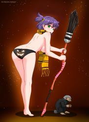 Rule 34 | 1girl, animal, ass, bare legs, barefoot, black panties, breasts, broom, brown background, commentary, english commentary, everlasting summer, from behind, full body, green eyes, highres, huyase, large breasts, leaning forward, looking at viewer, looking back, open mouth, panties, patreon username, purple hair, scarf, short hair, shoulder blades, solo, standing, topless, two side up, underwear, underwear only, unyl-chan, yellow scarf