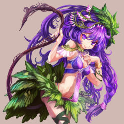 Rule 34 | 1girl, arie9, bad id, bad pixiv id, grey background, hand on own chest, leaf, long hair, nail polish, original, purple eyes, purple hair, simple background, smile, solo
