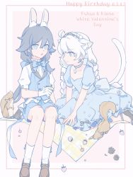 Rule 34 | 2girls, :o, animal ears, antenna hair, blue dress, blue neckwear, bow, bowtie, braid, brown footwear, cat ears, cat tail, cherry, choker, closed mouth, dress, earrings, flower, food, frilled dress, frills, fruit, fu hua, full body, gloves, hair between eyes, hair flower, hair ornament, hair ribbon, headband, high heels, highres, honkai (series), honkai impact 3rd, invisible chair, jewelry, kiana kaslana, long hair, looking at another, multiple girls, open mouth, pink background, rabbit ears, ribbon, shoes, short sleeves, sitting, squirrel, strawberry, tail, tanghc175, twin braids, valentine, white flower, white gloves, white hair, white legwear
