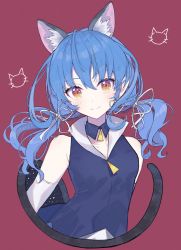Rule 34 | 1girl, absurdres, ahoge, amino (li0a4), animal ear fluff, animal ears, blue hair, blue jacket, brown eyes, cat ears, cat tail, closed mouth, cropped torso, detached collar, detached sleeves, floating hair, hair between eyes, hair ribbon, highres, huge filesize, jacket, long hair, looking at viewer, low twintails, precure, red background, ribbon, sleeveless, sleeveless jacket, smile, solo, star (symbol), star in eye, star twinkle precure, symbol in eye, tail, twintails, white ribbon, white sleeves, yuni (precure)