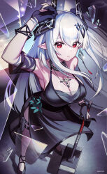 Rule 34 | 1girl, absurdres, arknights, black dress, breasts, broken glass, cleavage, dress, earrings, glass, gloves, highres, horns, jewelry, large breasts, long hair, mudrock (arknights), mudrock (obsidian) (arknights), partially fingerless gloves, pendant, pointy ears, pouch, psidubs, red eyes, single earring, thigh pouch, war hammer, weapon, white hair