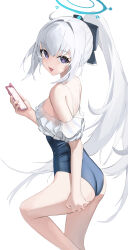 Rule 34 | 1girl, absurdres, ass, bare shoulders, blue archive, blue one-piece swimsuit, bow, breasts, cellphone, commentary, feet out of frame, frilled one-piece swimsuit, frills, fuenyuan, hair bow, halo, high ponytail, highres, holding, holding phone, long hair, looking at viewer, medium breasts, miyako (blue archive), miyako (swimsuit) (blue archive), off-shoulder one-piece swimsuit, off shoulder, one-piece swimsuit, open mouth, parted bangs, phone, purple eyes, sidelocks, simple background, smartphone, smile, solo, swimsuit, thighs, wedgie, white background, white hair