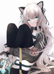 Rule 34 | 1girl, absurdres, animal ears, arknights, black collar, black jacket, black ribbon, black thighhighs, blue eyes, cat ears, cat girl, cat tail, collar, grey hair, gupipy, hair ribbon, highres, hugging own legs, jacket, long hair, long sleeves, looking at viewer, mint (arknights), open clothes, open jacket, ribbon, shoes, simple background, smile, solo, tail, thighhighs, very long hair, white background, white footwear