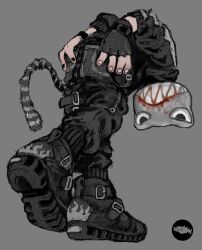 Rule 34 | 1other, animal head, black footwear, black pants, black shirt, blood, fingerless gloves, full body, gloves, grey background, highres, mask, mettaflix, multicolored nails, original, pants, partially colored, shirt, solo