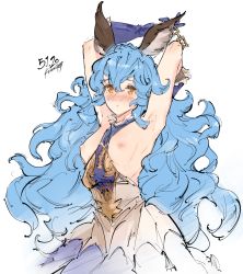 Rule 34 | 1girl, animal ears, armpits, arms behind head, arms up, between breasts, blue gloves, blue hair, blush, breasts, breasts out, brown eyes, commentary, cowboy shot, dated, dress, earrings, elbow gloves, embarrassed, english commentary, erune, ferry (granblue fantasy), gloves, granblue fantasy, highres, jewelry, kenshin187, layered dress, long hair, looking at viewer, multicolored clothes, multicolored dress, nipples, nose blush, parted lips, signature, simple background, single earring, sketch, sleeveless, sleeveless dress, small breasts, solo, very long hair, white background