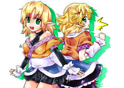 Rule 34 | 1girl, alternate costume, arm warmers, asamori, bare shoulders, blonde hair, dual persona, female focus, green eyes, hair down, hair ornament, highres, looking back, mizuhashi parsee, multiple views, open mouth, pointy ears, scarf, short hair, smile, standing, ^^^, touhou