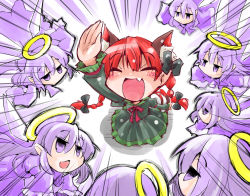 Rule 34 | 6+girls, animal ears, arm up, braid, cat ears, cat tail, chestnut mouth, dress, extra ears, closed eyes, fang, green dress, hair ribbon, halo, juliet sleeves, kaenbyou rin, long sleeves, multiple girls, open mouth, puffy sleeves, purple eyes, purple hair, red hair, ribbon, shinapuu, smile, tail, touhou, twin braids, zombie fairy (touhou)