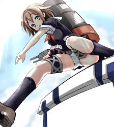 Rule 34 | &gt;:o, 10s, 1girl, :o, backpack, bag, black eyes, black serafuku, black skirt, blush, brown eyes, brown hair, cannon, from below, jumping, kantai collection, kneehighs, loafers, machinery, neckerchief, open mouth, panties, personification, pleated skirt, red neckerchief, school uniform, serafuku, shiratsuyu (kancolle), shoes, short hair, short sleeves, skirt, sleeve cuffs, socks, solo, thigh strap, track and field, turret, underwear, upskirt, v-shaped eyebrows, wakie, white panties