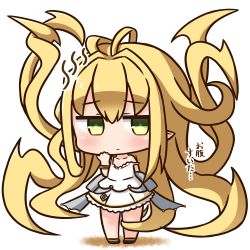 Rule 34 | 1girl, absurdly long hair, bare shoulders, black footwear, blonde hair, blush, chibi, closed mouth, collarbone, commentary request, dress, full body, granblue fantasy, green eyes, hair between eyes, hair intakes, hana kazari, long hair, looking at viewer, melissabelle, prehensile hair, shoes, sleeveless, sleeveless dress, solo, standing, translation request, very long hair, white dress