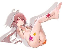 Rule 34 | 1girl, absurdres, ahoge, bandaid, bandaid on pussy, bandaids on nipples, barefoot, bikini, breasts, copyright request, eiroyi, feet, full body, hair between eyes, halterneck, hand up, heart, heart-shaped pupils, heart ahoge, highres, legs up, long hair, looking at viewer, lying, medium breasts, multicolored hair, nail polish, on back, parted lips, pasties, red eyes, red hair, red nails, shadow, simple background, smile, soles, solo, starfish, streaked hair, string bikini, swimsuit, symbol-shaped pupils, toes, twintails, wet, white background