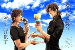 Rule 34 | 2boys, assassin (fate/zero), bad id, bad pixiv id, brown eyes, brown hair, command spell, cross, cross necklace, dual persona, eating, fate/stay night, fate/zero, fate (series), food, ice cream, ice cream cone, jewelry, kotomine kirei, mozukuzukuzuku, multiple boys, necklace, spoon, summer, sweat, aged down