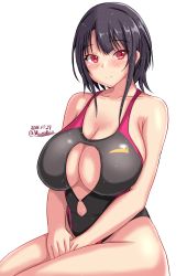 Rule 34 | 1girl, black hair, black one-piece swimsuit, breasts, cleavage, cleavage cutout, closed mouth, clothing cutout, commentary request, competition swimsuit, dated, highres, huge breasts, kantai collection, looking at viewer, montemasa, navel, one-piece swimsuit, partial commentary, red eyes, short hair, simple background, sitting, smile, solo, stomach, swimsuit, takao (kancolle), twitter username, white background