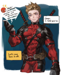 Rule 34 | 2boys, animification, belt, belt buckle, belt pouch, black gloves, blonde hair, blue eyes, buckle, bug, cellphone, closed mouth, collarbone, costume, covered abs, covered collarbone, deadpool, deadpool (series), dosol, english text, gloves, gun, handgun, holding, holding gun, holding phone, holding weapon, katana, male focus, marvel, multiple boys, phone, pouch, scabbard, sheath, sheathed, speech bubble, spider-man, spiked hair, sword, weapon, weapon on back