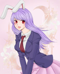 Rule 34 | 1girl, animal ears, blazer, female focus, jacket, light purple hair, long hair, necktie, nobody-knows, open mouth, rabbit ears, red eyes, red necktie, reisen udongein inaba, solo, touhou, v arms