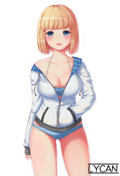 Rule 34 | 1girl, absurdres, blonde hair, blue eyes, blush, bra, breasts, cleavage, collarbone, gluteal fold, hand in pocket, highres, hood, hooded jacket, jacket, looking at viewer, lycan, no pants, original, panties, parted lips, short hair, simple background, sleeves past wrists, smile, solo, striped bra, striped clothes, striped panties, teeth, underwear, white background
