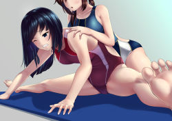 Rule 34 | 2girls, :o, arched back, assisted stretching, back cutout, bare arms, bare legs, bare shoulders, barefoot, black eyes, black hair, blue one-piece swimsuit, blush, breasts, brown hair, clenched teeth, clothing cutout, collarbone, competition swimsuit, covered navel, crying, crying with eyes open, feet, female focus, girl on top, gradient background, grey background, hair over shoulder, hand on another&#039;s shoulder, hands on ground, head out of frame, highres, large breasts, leaning, leaning forward, legs, long hair, low ponytail, matching hair/eyes, mattress, medium breasts, multiple girls, one-piece swimsuit, one eye closed, open mouth, original, outstretched leg, parted lips, ponytail, raised eyebrows, red one-piece swimsuit, shiny clothes, shiny skin, sideboob, sidelocks, sitting, soles, spread legs, stretching, swimsuit, tears, teeth, toes, toumin, wince, yuri