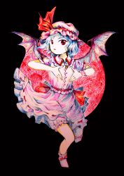 Rule 34 | 1girl, absurdres, bat wings, bloomers, blue hair, bow, bow legwear, collared shirt, full body, full moon, hat, hat ribbon, highres, light blue hair, medinki, mob cap, moon, official style, red bow, red eyes, red moon, red ribbon, remilia scarlet, ribbon, shirt, short hair, short sleeves, skirt, socks, solo, touhou, traditional media, underwear, white bloomers, white hat, white shirt, white skirt, white socks, wings, zun (style)