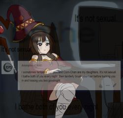 Rule 34 | 1girl, anonymous (4chan), artist request, bandaged leg, bandages, brown hair, choker, colorized, dark, dress, english text, expressionless, eye reflection, feet out of frame, hat, imagine (meme), indoors, keyboard (computer), kono subarashii sekai ni shukufuku wo!, megumin, meme, monitor, mouse (computer), red dress, red eyes, reflection, short hair with long locks, single thighhigh, sitting, solo, staff, sunglasses, thighhighs, tumblr, witch hat