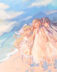 Rule 34 | 3girls, bare legs, barefoot, beach, black eyes, black hair, blonde hair, blue sky, blush, brown hair, closed eyes, closed mouth, cloud, day, dolly (toaru kagaku no railgun), dress, gloves, high collar, holding, holding clothes, holding hands, kouzaku mitori, lace, lace-trimmed dress, lace trim, laughing, long hair, mountainous horizon, multiple girls, open mouth, outstretched arms, painting (medium), running, sand, sandals, see-through, see-through dress, shokuhou misaki, sky, sleeveless, smile, sundress, sunlight, tautiki, toaru kagaku no railgun, toaru majutsu no index, traditional media, twintails, water, watercolor (medium), waves, white dress, white gloves, yellow eyes