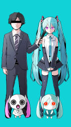 Rule 34 | 1boy, 3girls, ?, absurdres, aimaina, anonymous m (vocaloid), aqua background, aqua hair, aqua necktie, aqua shirt, aqua theme, arufa faru, badge, bar censor, bare shoulders, black eyes, black hair, black lips, black skirt, black sleeves, black thighhighs, censored, commentary, creature, detached sleeves, doushite-chan, dress pants, expressionless, facing viewer, fangs, formal, full body, hair ornament, hatsune miku, hatsune miku (vocaloid4), headphones, headset, highres, holding, holding microphone, identity censor, interview, jacket, long hair, looking at viewer, microphone, miniskirt, multiple girls, necktie, no mouth, official art, open mouth, own hands together, pink eyes, pink hair, pinocchio-p, pleated skirt, red eyes, ringed eyes, shirt, shoulder tattoo, skirt, sleeveless, sleeveless shirt, slit pupils, standing, straight-on, striped necktie, suit, suit jacket, tattoo, thighhighs, twintails, v4x, very long hair, vocaloid, white shirt, zettai ryouiki