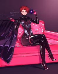 Rule 34 | 1girl, blue eyes, couch, crossed legs, heterochromia, latex, moira (overwatch), overwatch, overwatch 1, red eyes, red hair, shiny clothes, sitting, skin tight, smoking, smoking pipe, solo, tesomu, thighhighs