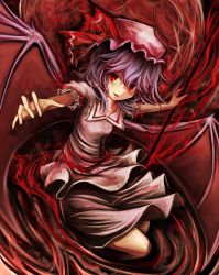 Rule 34 | 1girl, bad id, bad pixiv id, bat wings, blue hair, hat, hat ribbon, highres, looking at viewer, mob cap, momen102 (sji09u), outstretched arms, red eyes, remilia scarlet, ribbon, shirt, short sleeves, skirt, skirt set, solo, touhou, wings