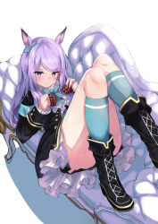 Rule 34 | 1girl, absurdres, animal ears, aqua bow, aqua bowtie, aqua socks, armband, black footwear, black jacket, blush, bow, bowchan, bowtie, buttons, chewing, closed mouth, couch, dress, ear ribbon, eating, food, foot out of frame, hair bow, hands up, highres, holding, holding food, horse girl, jacket, kneehighs, knees together feet apart, layered dress, long hair, looking at viewer, lying, mejiro mcqueen (umamusume), on back, pleated dress, purple eyes, purple hair, shirt, socks, solo, tsurime, umamusume, v-shaped eyebrows, white background, white shirt