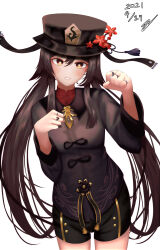 Rule 34 | 1girl, :d, absurdres, black hair, black shorts, chinese clothes, commentary request, dong hawn, genshin impact, ghost pose, hair between eyes, hat, highres, hu tao (genshin impact), jewelry, long hair, long sleeves, looking at viewer, open mouth, orange eyes, porkpie hat, ring, short shorts, shorts, sidelocks, smile, solo, symbol-shaped pupils, twintails, white background