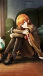 Rule 34 | 1girl, absurdres, ankle boots, black footwear, black pantyhose, blue eyes, boots, brown hair, collared shirt, couch, crossed arms, high heels, highres, huke, jacket, knees to chest, long hair, long sleeves, looking at viewer, makise kurisu, necktie, off shoulder, official art, pantyhose, pantyhose under shorts, shirt, short shorts, shorts, sitting, solo, steins;gate, straight hair, toy, upa (steins;gate)