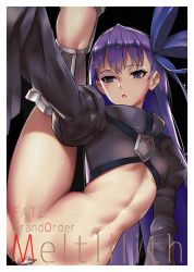Rule 34 | 10s, 1girl, blue eyes, fate/extra, fate/extra ccc, fate/grand order, fate (series), leg lift, long hair, maebari, meltryllis (fate), navel, parted lips, purple hair, solo, split, standing, standing on one leg, standing split, thighs, viola (seed)
