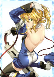 Rule 34 | 1girl, arc system works, ass, backless outfit, bare back, black thighhighs, blazblue, blonde hair, blue footwear, boots, gloves, green eyes, gun, handgun, isse, long hair, looking back, noel vermillion, pistol, solo, thighhighs, thighs, weapon, zettai ryouiki
