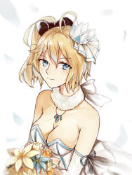 Rule 34 | ahoge, blonde hair, blue eyes, bogue (warship girls r), bouquet, bow, breasts, choker, cleavage, crown, dress, flower, hair bow, jewelry, medium breasts, mini crown, necklace, petals, side ponytail, solo, strapless, strapless dress, warship girls r, wedding dress, yamashita hakuu