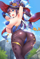 Rule 34 | 1girl, armpits, arms behind head, ass, black pantyhose, blue eyes, blue hat, blue sky, breasts, bridal garter, clothes writing, cloud, commentary request, day, genshin impact, hat, heart, highres, large breasts, long hair, looking at viewer, mona (genshin impact), open mouth, outdoors, paid reward available, pantyhose, purple hair, sky, smile, solo, sugihara (sugihara2000), thighs, tongue, tongue out, twintails, witch hat