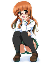 Rule 34 | 10s, 1girl, black neckerchief, black thighhighs, blouse, blunt bangs, brown footwear, crotch seam, full body, girls und panzer, glasses, green skirt, hand on own face, hand on own thigh, highres, loafers, long hair, long sleeves, looking at viewer, miniskirt, neckerchief, ooarai school uniform, open mouth, orange eyes, orange hair, ouhashi, panties, pantyshot, pleated skirt, school uniform, serafuku, shirt, shoes, simple background, skirt, smile, solo, squatting, sweat, takebe saori, thighhighs, underwear, white background, white panties, white shirt